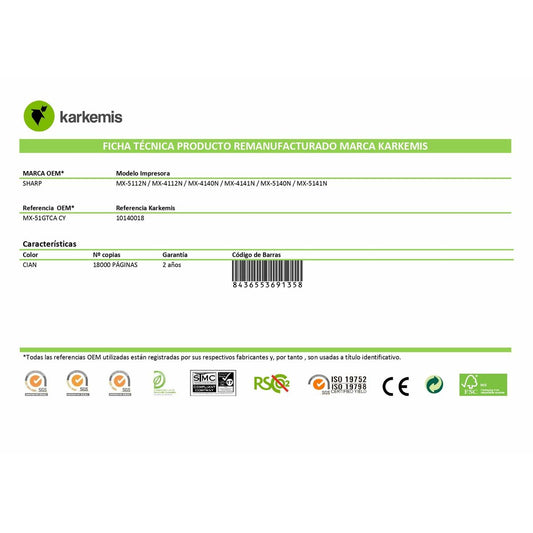 Original Toner Karkemis MX-51GTCA Cyan