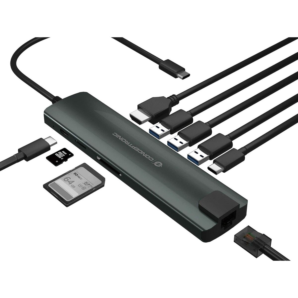 USB Hub Conceptronic 110515507101 Aluminium Grey 9-in-1