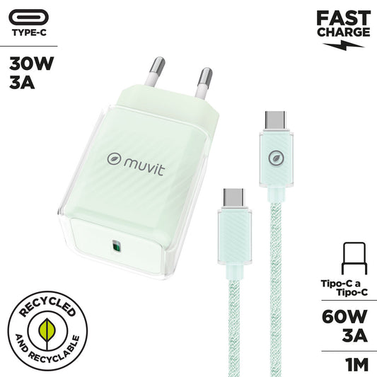 Wall Charger + USB-C Cable Muvit for Change  Glass GaN Green