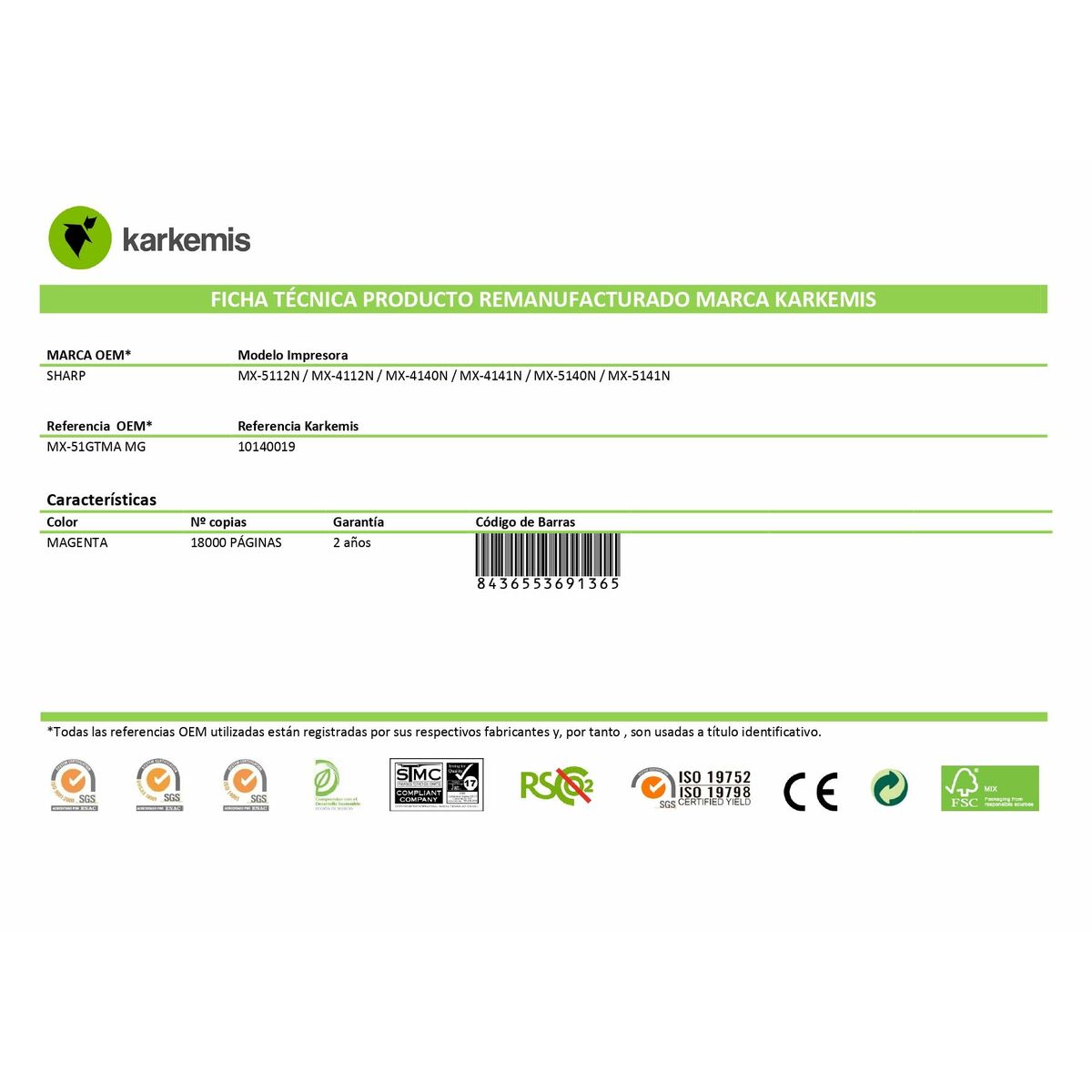 Original Toner Karkemis MX-51GTMA Magenta
